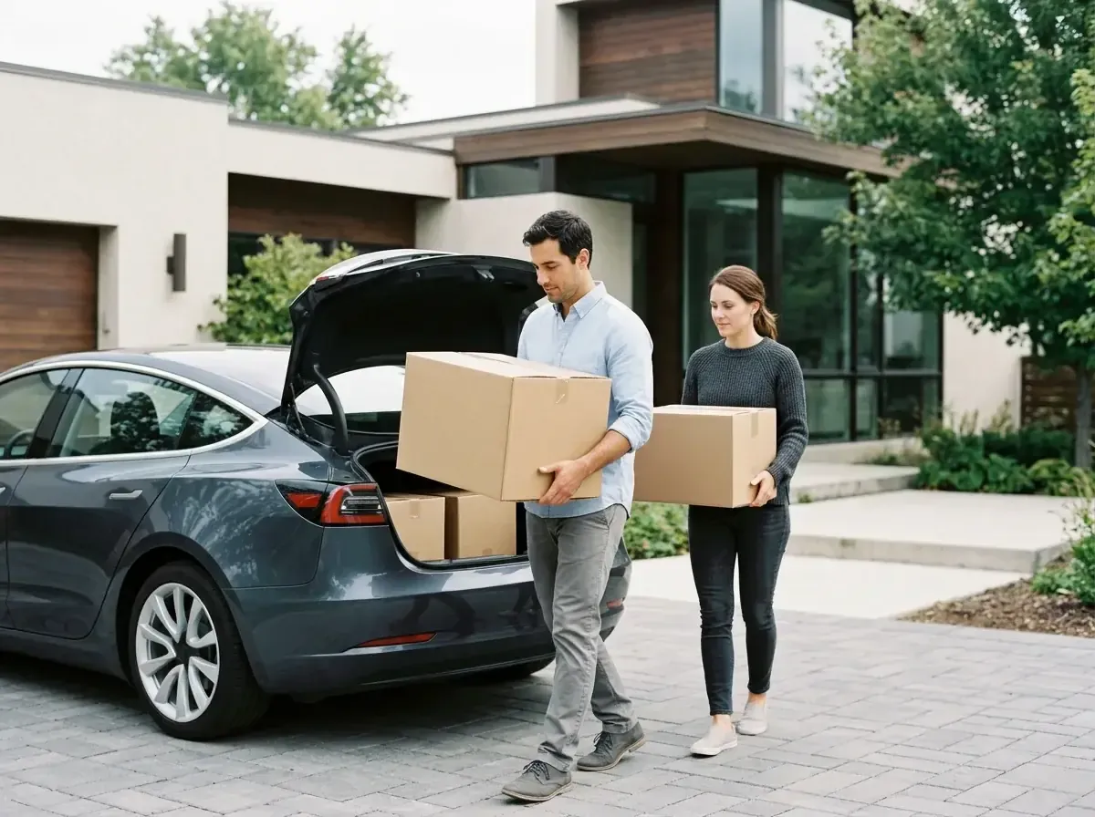 Couple loading cardboard boxes into the trunk of a car in front of a modern home.